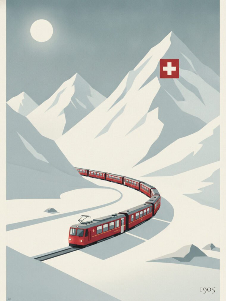 Alpine Nocturne Express — Red Trail Through Snowy Peaks
