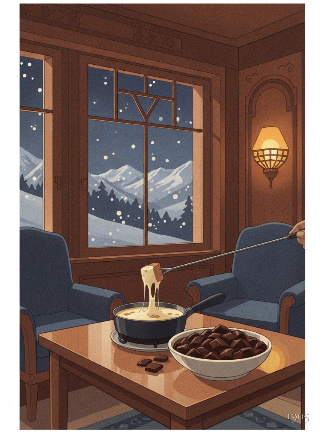 Fireside Fondue Glow — Alpine Comfort in the Winter Night